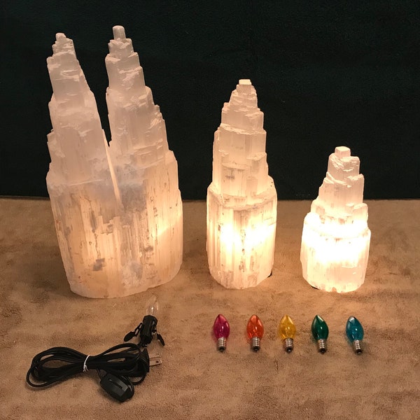 Natural Selenite Crystal Lamps with Power Cord and Incandescent Bulb - Post 530
