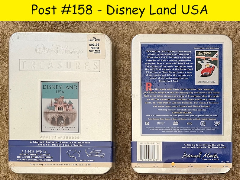K&ouml;nnte beinhalten: Ein Zwei-Disc-DVD-Set in einer wei&szlig;en und blauen Blechdose mit einer limitierten Serie von ausgew&auml;hltem, seltenem Material aus den Disney Studio Vaults. Das Set enth&auml;lt spezielle historische Sendungen aus Disneyland USA, die urspr&uuml;nglich zwischen 1954 und 1970 ausgestrahlt wurden. Die Blechdose zeigt ein Bild des Disneyland-Schlosses und den Text "Our Disney Treasures".