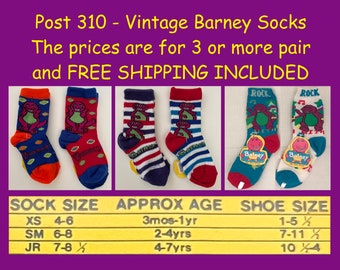 3 (or more) Pair of Vintage Children's Barney Socks - Sock Sizes 4-6 & 6-8  (Post #310)