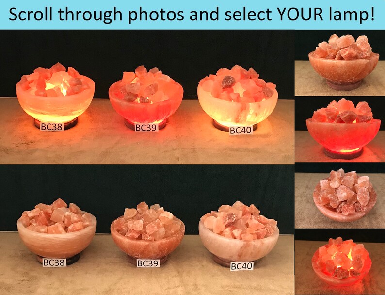 May include: Six Himalayan salt lamps in various sizes and shapes, each with a warm orange glow. The lamps are labelled BC38, BC39, and BC40. Scroll through photos and select YOUR lamp!