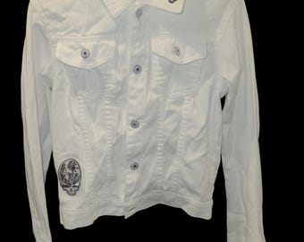 Jaqueta Jeans Grateful Dead Branca Feminina. Tamanho Adulto Grande