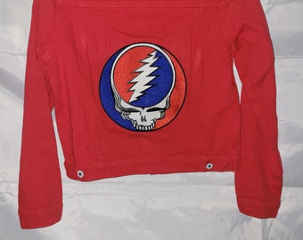 Vibrant Red Women's Grateful Dead Jean Jacket. Size Adult Small