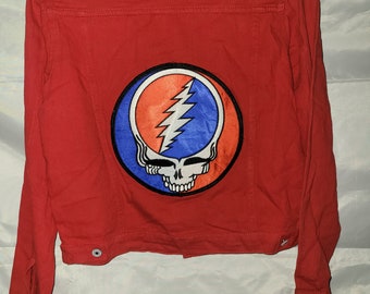 Vibrant Red Women's Grateful Dead Jean Jacket. Size Adult Medium