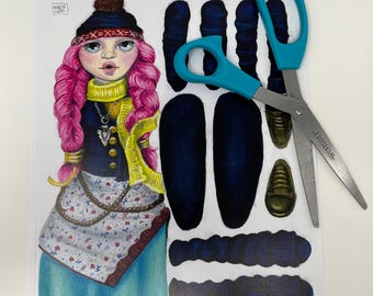 May include: A colorful illustration of a doll with pink hair, a blue hat, and a blue and yellow outfit. Next to the doll are cut-out pieces and a pair of blue-handled scissors. The doll has a floral skirt and a necklace.