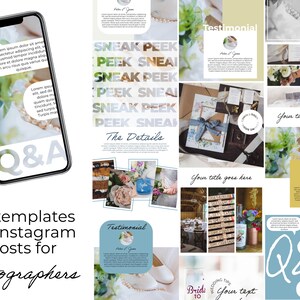 May include: A set of 80 Instagram post templates for photographers. The image showcases various layouts with text, photos, and design elements. Includes templates for Q&A, testimonials, and sneak peeks, all in a clean, modern style.