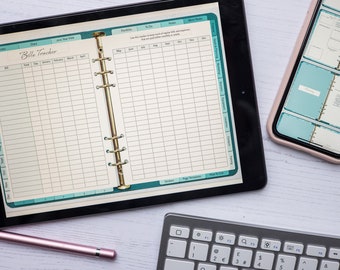 May include: A digital planner app on a tablet screen with a bills tracker page. The page is divided into two sections, one for a list of bills and the other for a calendar view. The calendar view shows the months of the year from January to December. The app is open on a white wooden surface with a keyboard and a stylus.
