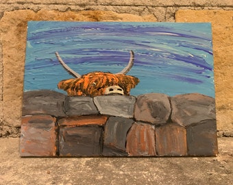 Highland coo peeking over wall