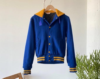 Vintage 1980s Empire &#39;Murphy&#39; Hooded Wool Blue & Yellow Varsity Jacket, Vintage Teddy Jacket, Vintage Bomber, Made in USA, American Vintage