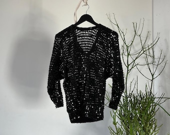 Vintage jaren 90 volledig zwarte gebreide raglantrui met lovertjes en V-hals