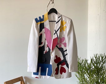 Vintage Shawl Collar  Abstract Flowers White Hand Painted Blazer, Made in USA