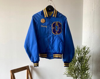 Vintage 1970s Don Alleson Oak Royal Blue Nylon Teddy Jacket, Vintage Varsity Jacket, Vintage Satin Teddy, Vintage Teddy, American Vintage