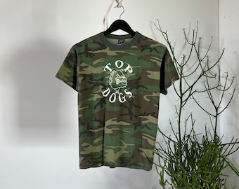 Vintage 1990s Camo Top Dogs Printed Army T-Shirt, Made in USA