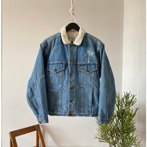 Vintage 1980 Giordano azul Sherpa forrado chaqueta de mezclilla blanqueada, chaqueta vintage forrada de vellón, chaqueta forrada de mezclilla de los años 80, mezclilla blanqueada