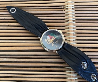 1980s Election Fantasy Leather Wristwatch, Peacock Glitter Graphic