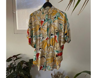 Vintage 1980s Furore Bananas Parrots Bat Sleeves Kimono Shirt, 80&#39;s Vintage Shirt, 80&#39;s Print, Tropical, Topanga, American Vintage Clothing