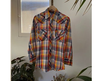 Vintage 1970s Lee Multicolored Western Checked Shirt , Pearl Snap, 70&#39;s Vintage Shirt, 70&#39;s Cowboy Shirt, Made in USA, Vintage Clothing