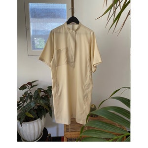 Vintage 1970s Rodier Dress Shirt Light Beige, Short Sleeve, Mandarin Collar, Vintage Tunic, 70&#39;s Vintage Shirt, Topanga, Vintage Clothing