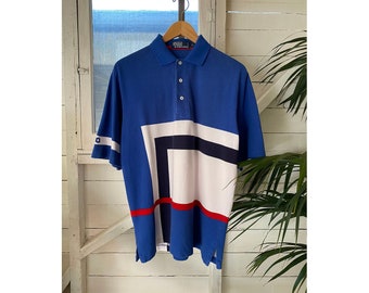 Polo graphique à manches courtes vintage des années 90 par Ralph Lauren, bloc de couleur, graphique des années 90, polo vintage des années 90, piqué, vêtements vintage américain