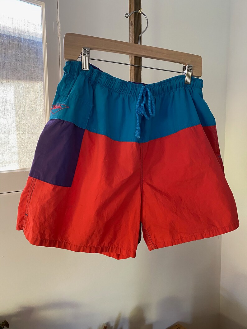 California Elasticated Waistband Summer American Vintage Clothing Beach Vintage 1990\u2019s Color Block Hobie Swim Shorts Party