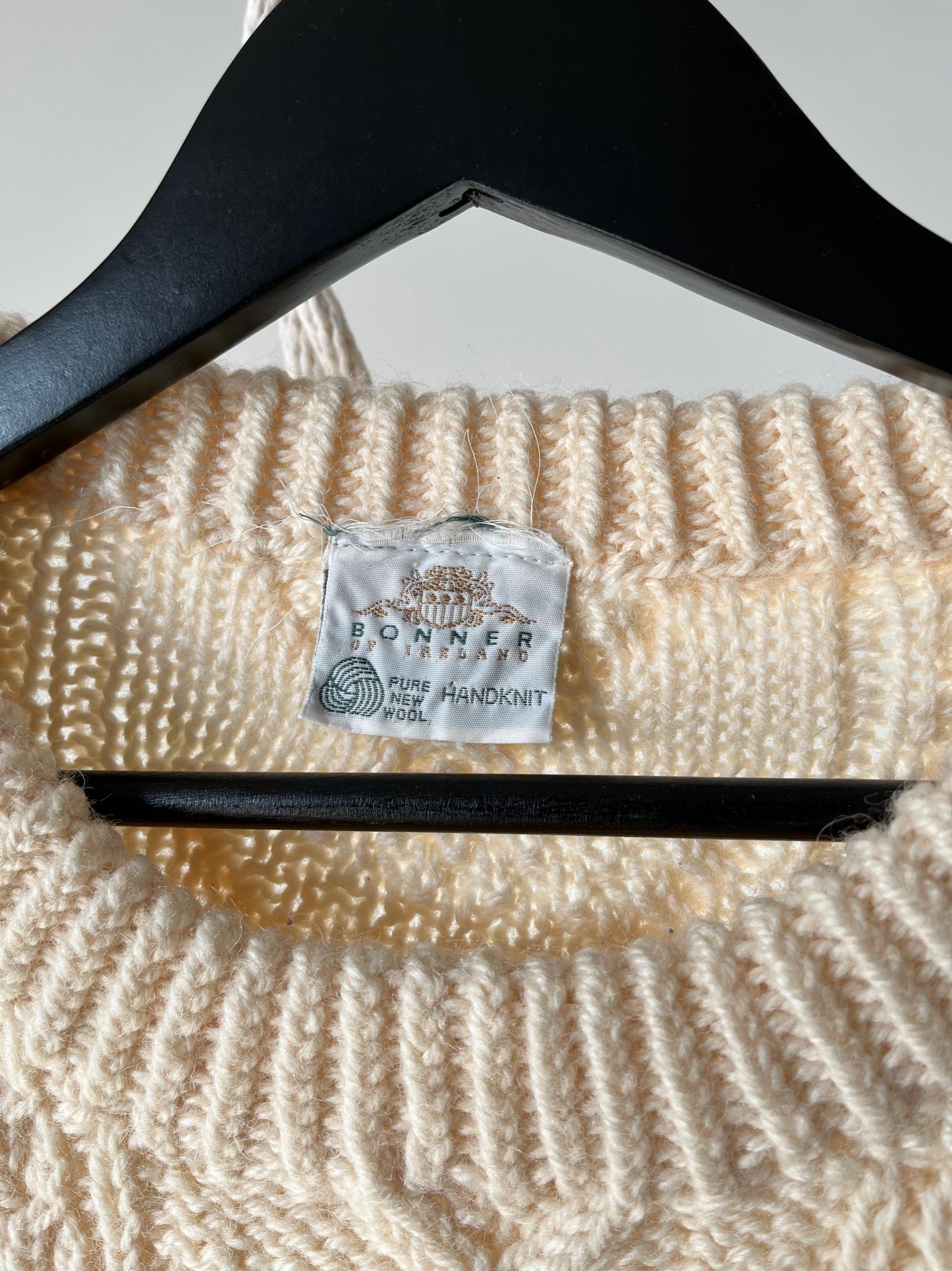 Vintage Irish Hand Knitted Raglan Ecru Roundneck Sweater, Made in 