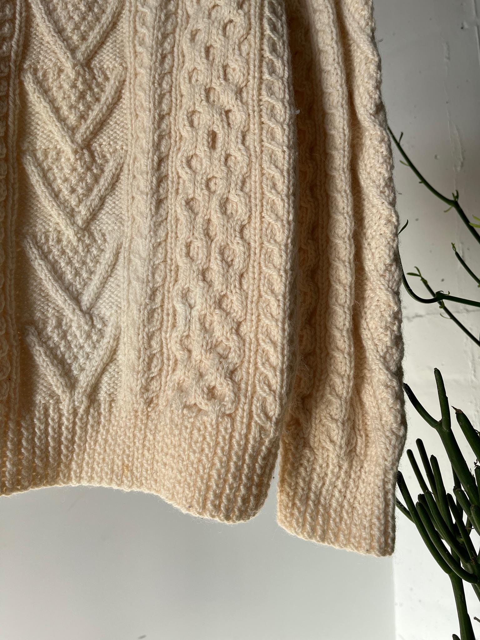 Vintage Irish Hand Knitted Raglan Ecru Roundneck Sweater, Made in 