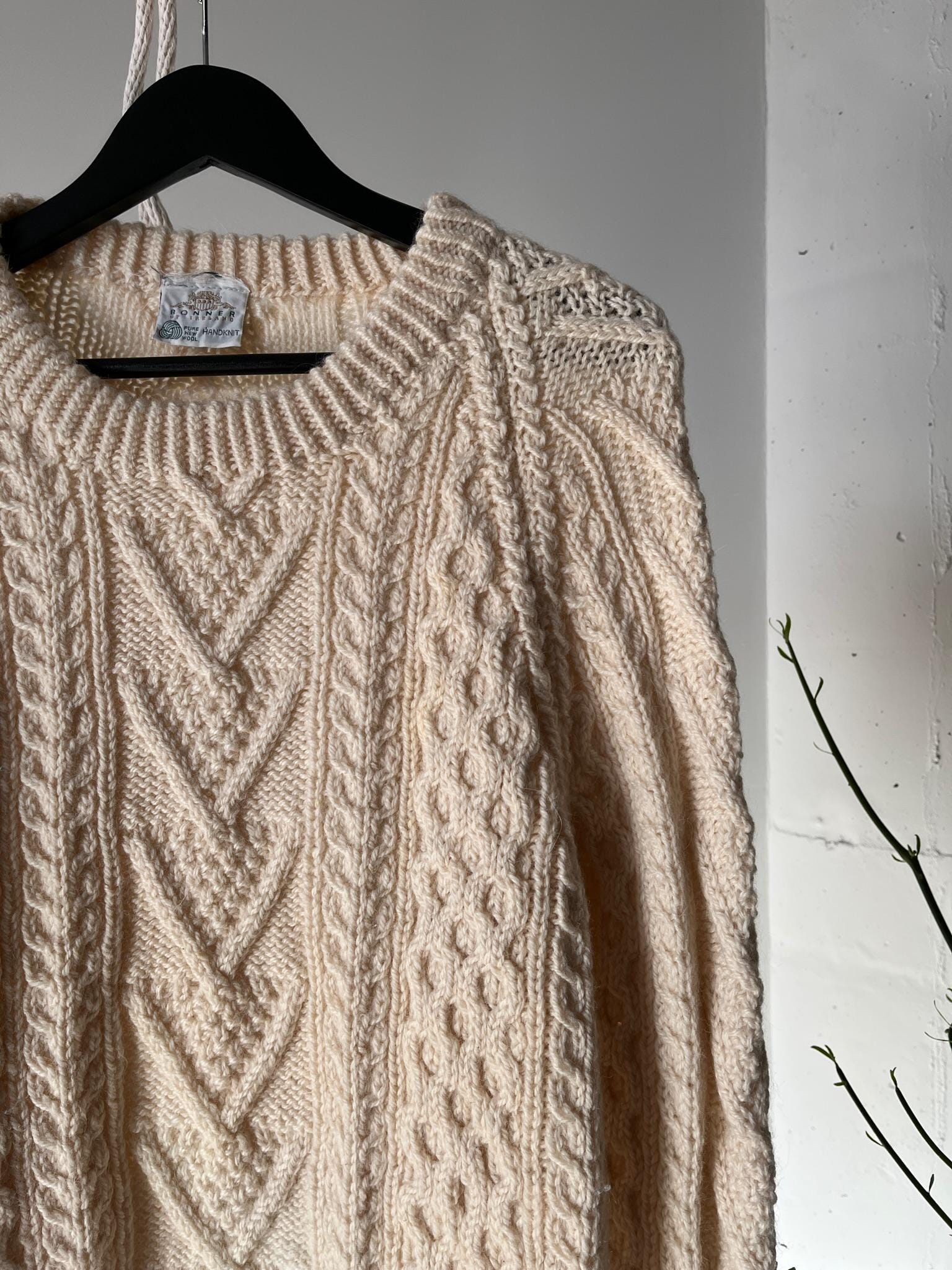Vintage Irish Hand Knitted Raglan Ecru Roundneck Sweater, Made in 