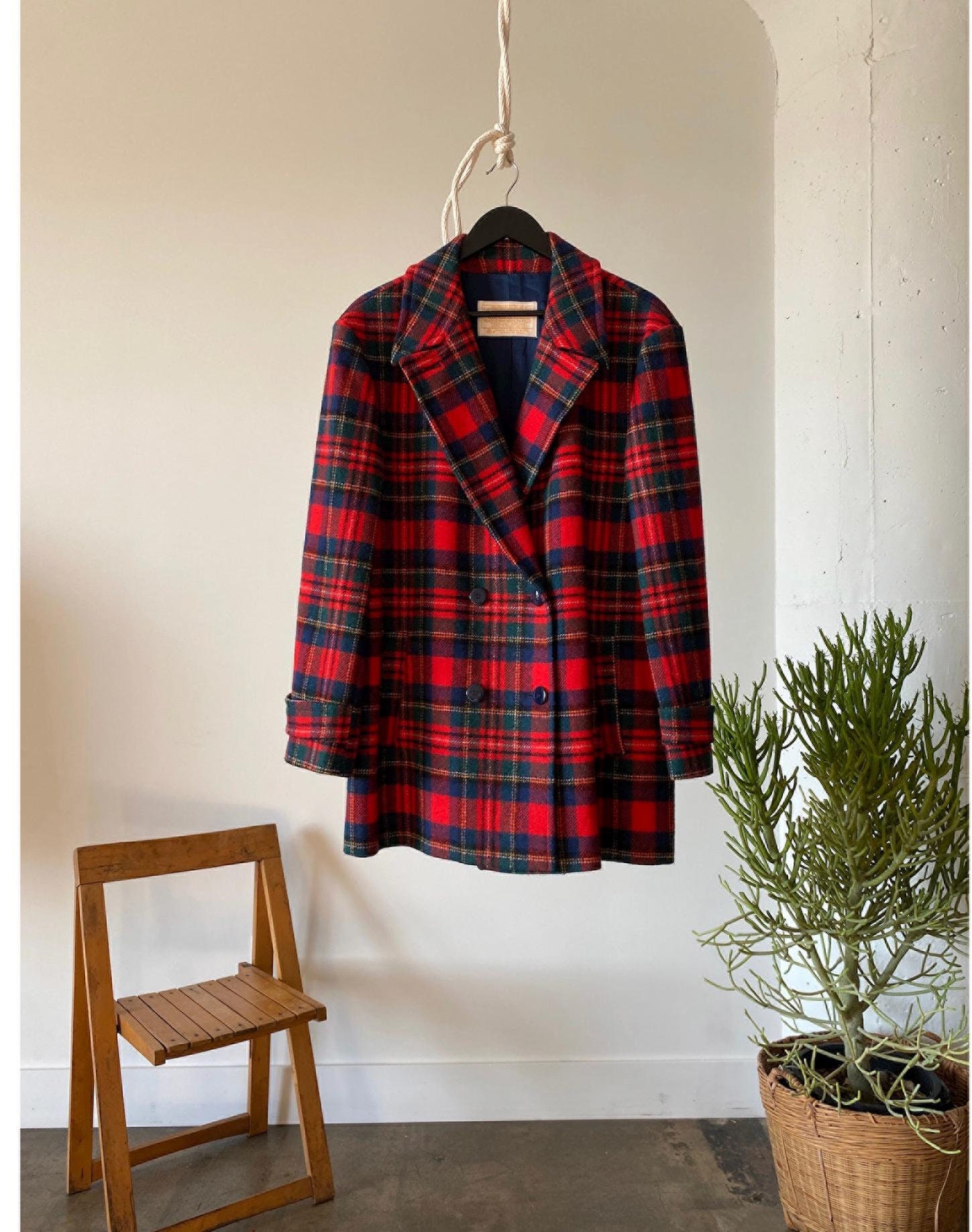 Vintage 1980s Pendleton Red & Green Tartan Wool Peacoat, Vintage