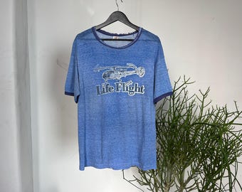 Vintage 1970s Life Flight Faded & Distressed Blue Ringer T-Shirt, Hanes, Made in USA
