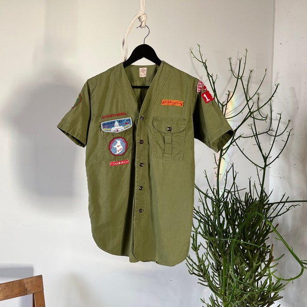 vintage 1960s Boy Scouts of America Green Uniform Short Sleeve Shirt, BSA Union Made