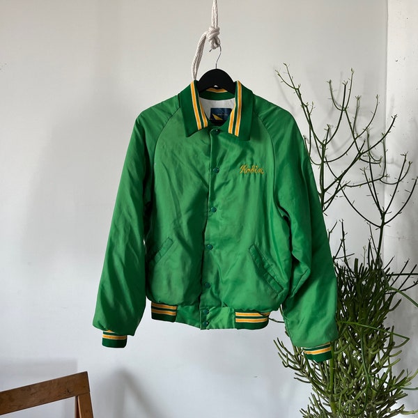 Vintage 1970s 80s Majestic Athletic Wear Lafayette Soccer Embroidered Satin Yellow and Green Bomber, Union Made, Made in USA