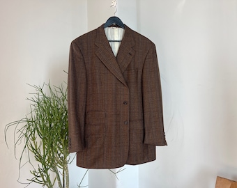 Vintage Oversized Brown Checked 2 Buttons Suit Blazer, Made in USA