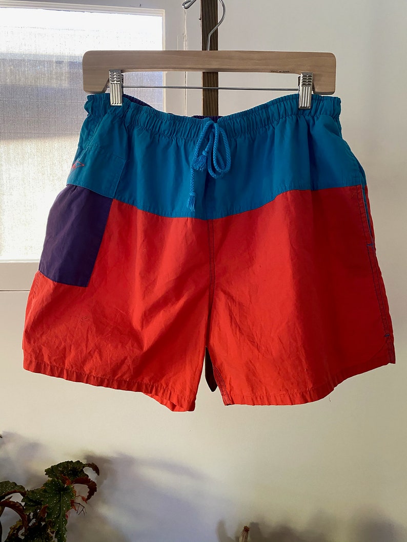 California Elasticated Waistband Summer American Vintage Clothing Beach Vintage 1990\u2019s Color Block Hobie Swim Shorts Party