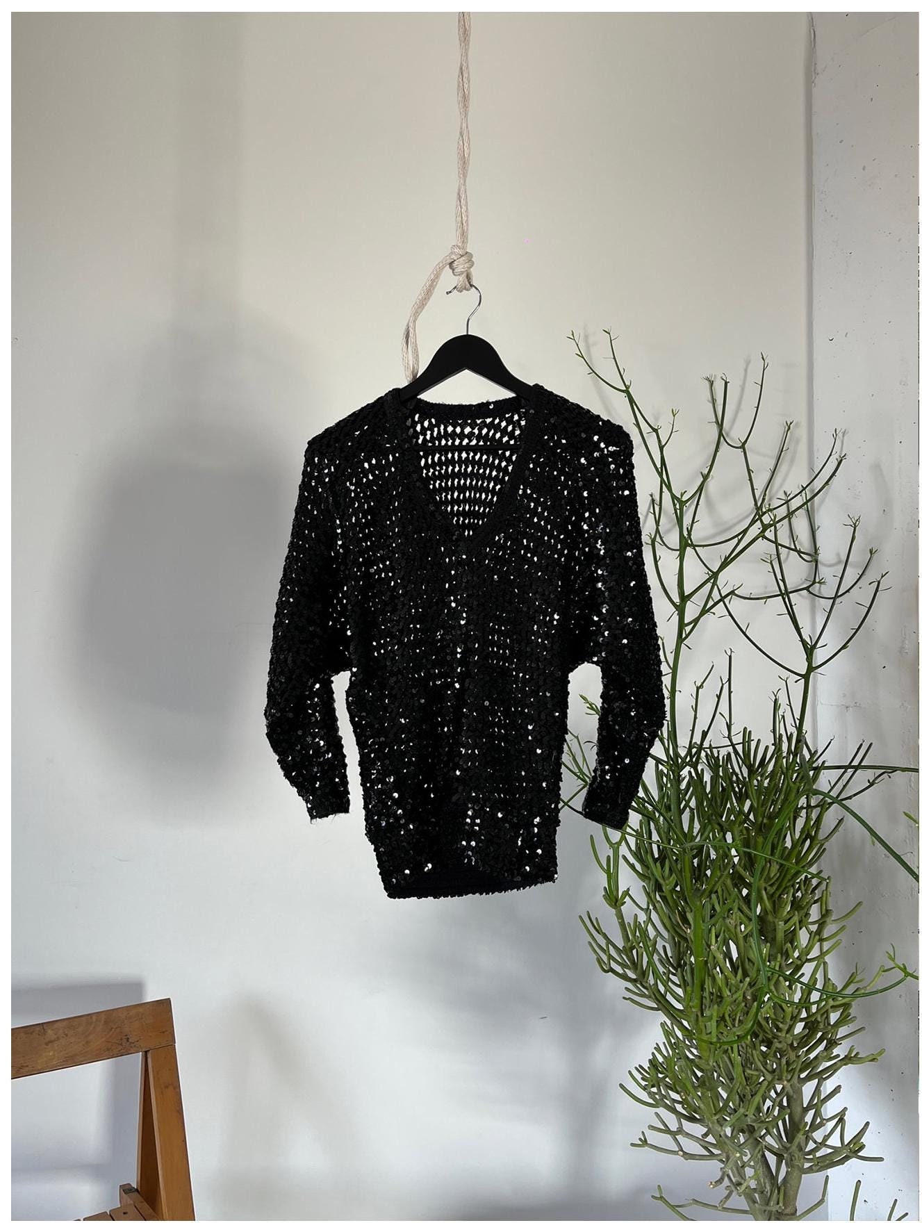 Vintage 1990s Full Black Sequin Knitted Raglan V-neck Sweater - Etsy