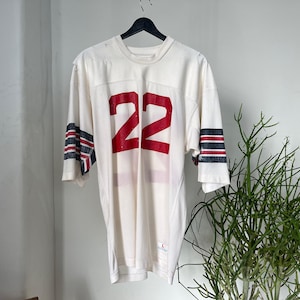 Vintage 1980s White Blue & Red Champion Football Jersey, Made in USA