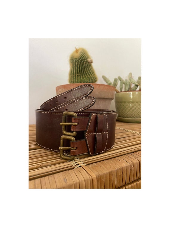 The J. Peterman Company Medium Brown Leather Wide Belt Brass Tone double Buckles Vintage 1990s the J. Peterman Company Brown Leather Wide  main image 3