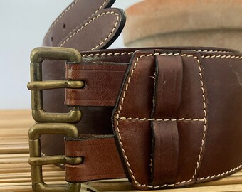 The J. Peterman Company Medium Brown Leather Wide Belt Brass Tone double Buckles Vintage 1990s the J. Peterman Company Brown Leather Wide  main image 4