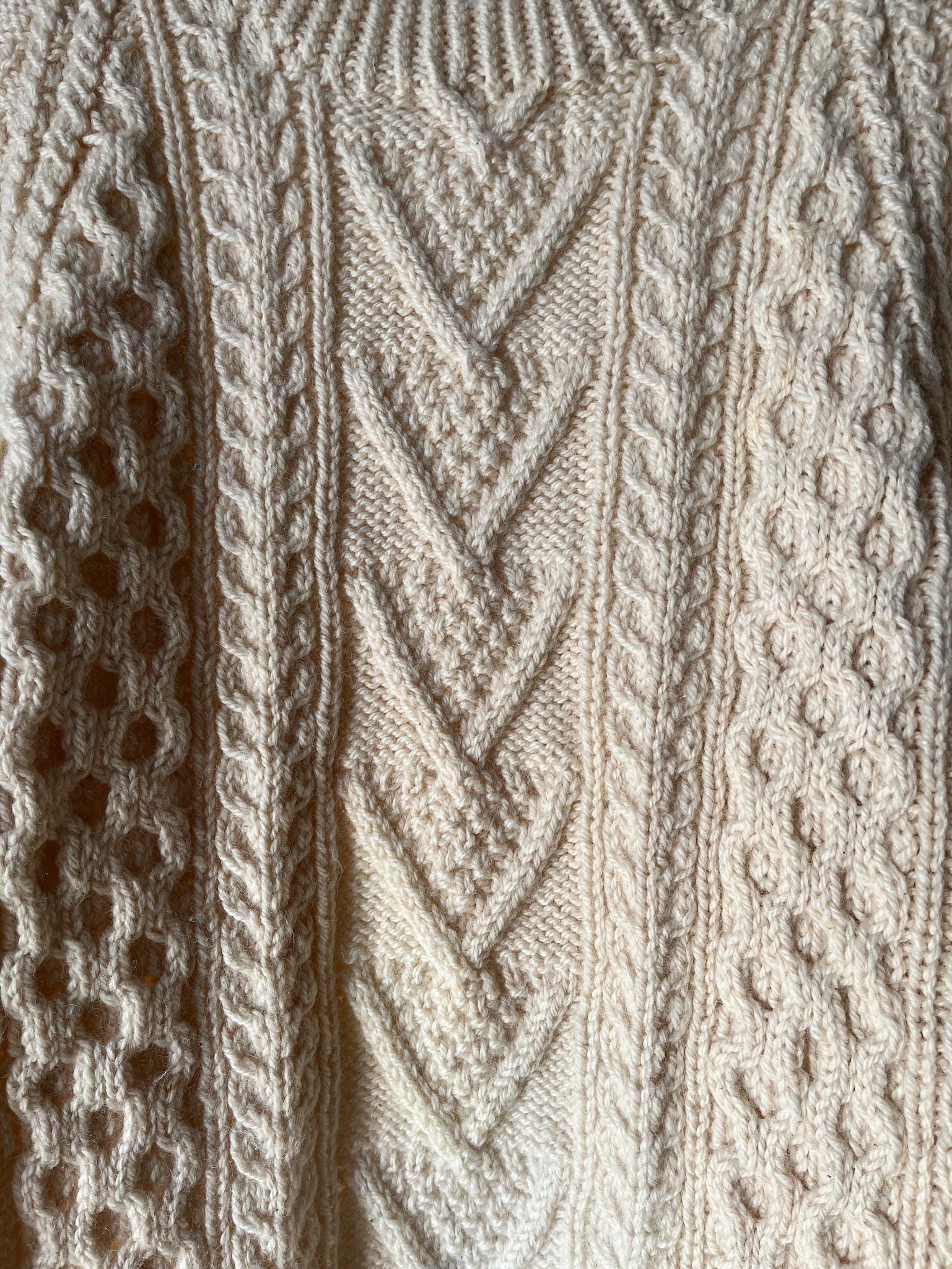 Vintage Irish Hand Knitted Raglan Ecru Roundneck Sweater, Made in 