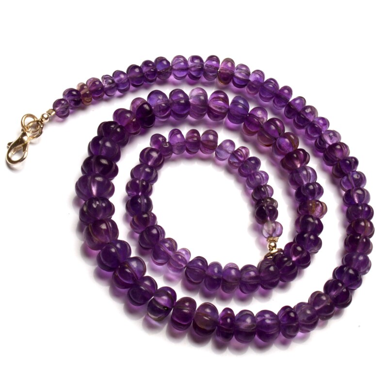 Natural Amethyst Gemstone 6 to 9 mm Size Carved Muskmelon Shape Beads 17" Necklace image 5