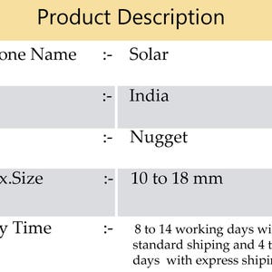 May include: Product description for a Solar gemstone. The gemstone is from India and is nugget-shaped. Approximate size is 10 to 18 mm.
