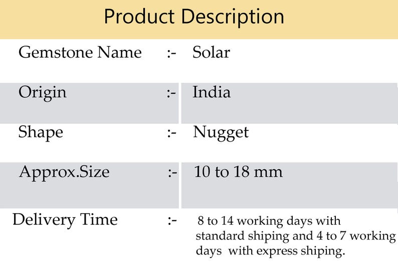May include: Product description for a Solar gemstone. The gemstone is from India and is nugget-shaped. Approximate size is 10 to 18 mm.