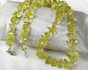 Natural Lemon Quartz Gemstone 9 to 10 mm Size Faceted Nugget Shape Beads 16" Necklace