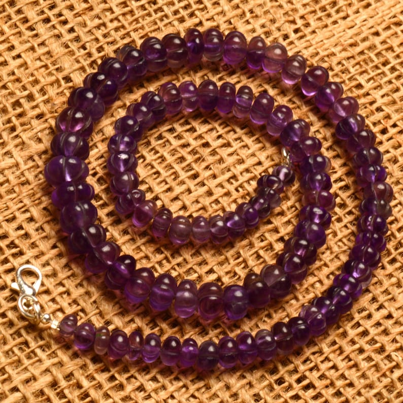Natural Amethyst Gemstone 6 to 9 mm Size Carved Muskmelon Shape Beads 17" Necklace image 3