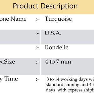 May include: Product description of turquoise gemstones. The gemstone name is turquoise, originating from the U.S.A. The shape is rondelle, with an approximate size of 4 to 7 mm.