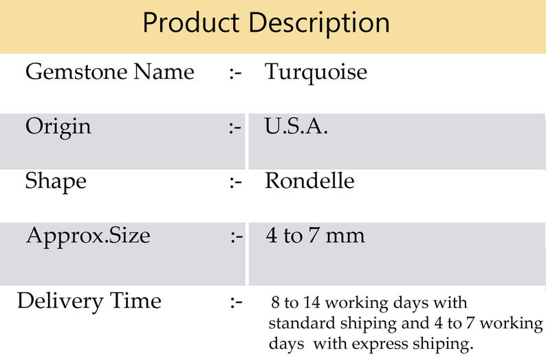 May include: Product description of turquoise gemstones. The gemstone name is turquoise, originating from the U.S.A. The shape is rondelle, with an approximate size of 4 to 7 mm.
