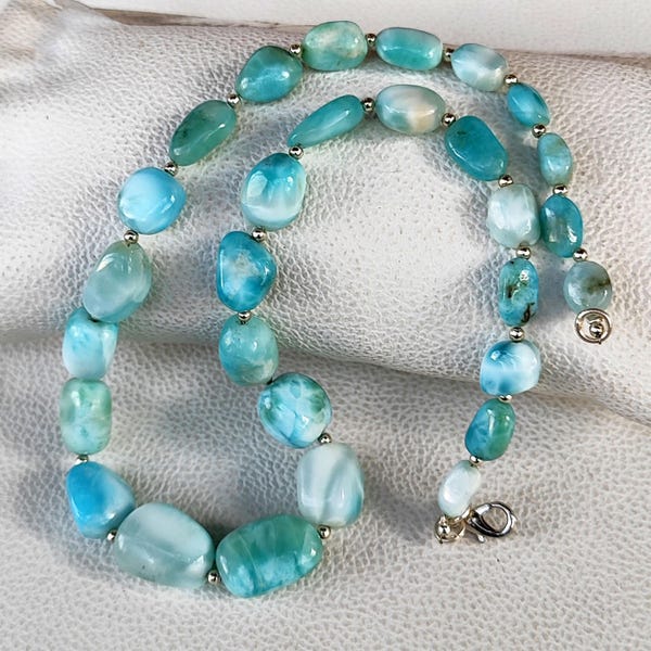 Collier de perles de larimar pépites de République dominicaine 9-14 mm naturelles 16,5" pierres précieuses bleues