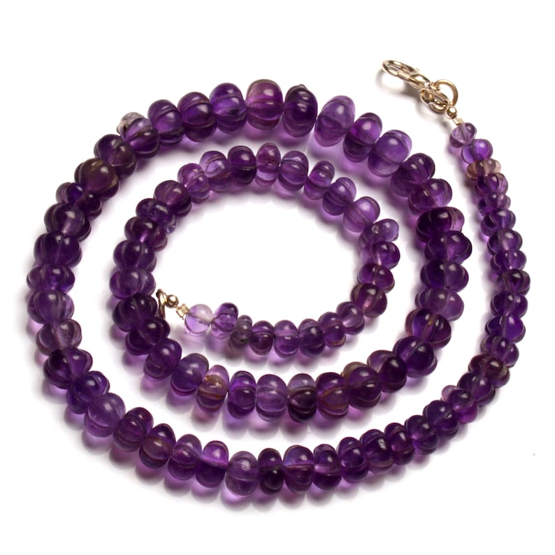 Natural Amethyst Gemstone 6 to 9 mm Size Carved Muskmelon Shape Beads 17" Necklace image 4