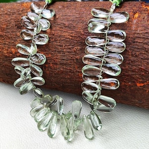 Natural Green Amethyst Prasiolite Gemstone 16x7 to 20x7 mm Size Smooth Pear Shape Beads 9&quot; Strand