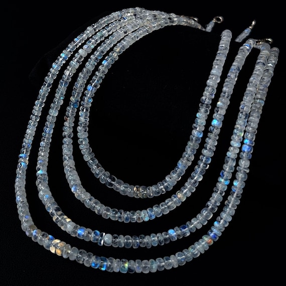 Rainbow Fire Moonstone Necklace, Smooth Rondelle Beads, 16 Inch