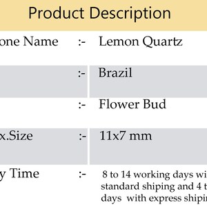 May include: Lemon Quartz gemstone from Brazil, shaped like a flower bud, measuring 11 by 7 millimeters.