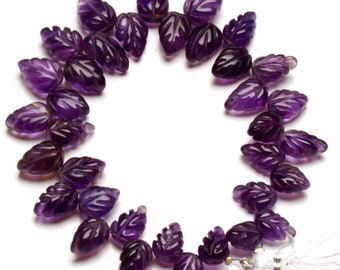 Natural Amethyst Gemstone 10 to 13 mm Size Hand Carved Leaf Shape Beads 7.5" Strand